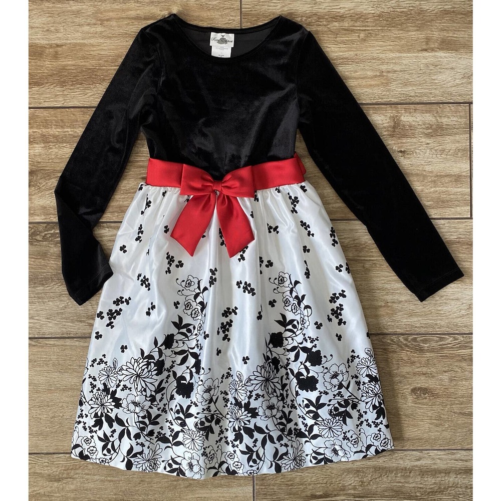 Girls Velvet Flocked Black & Red Matt Satin Dress